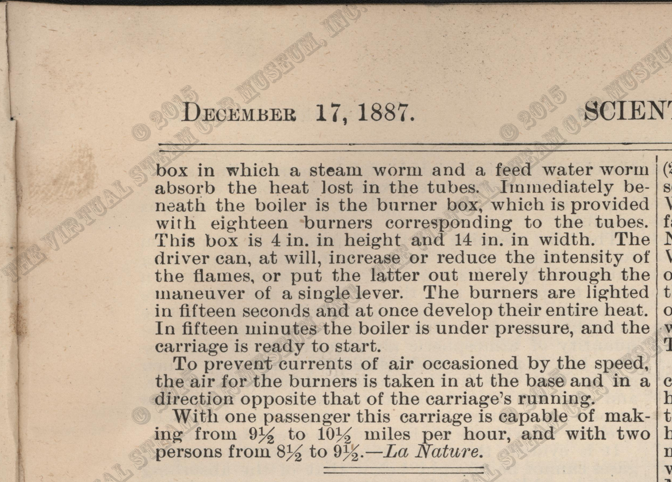 Steam Carriage, Scientific American Supplement, December 17, 1887, La Nature, p. 9963